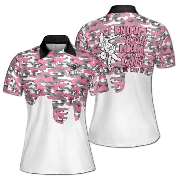 Custom Name Camouflage Pink Pattern I Know I Bowl Women's Polo Shirt S-5XL