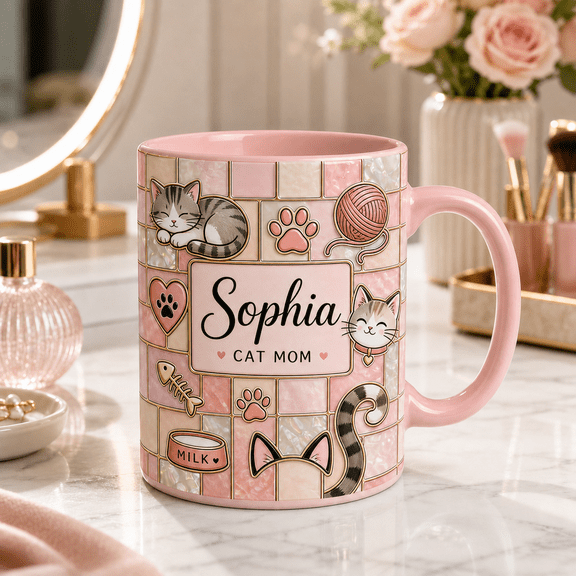 Custom Name Cat Lover 3D Effect Mug, Personalized Cute Cat Mom Gift Mug