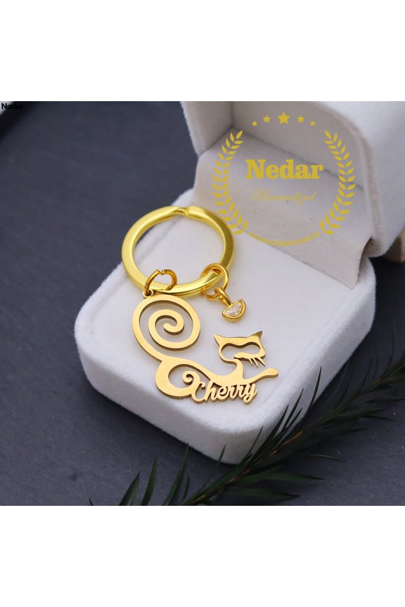 Custom Name Cat Stainless Steel Kitten Nameplate Keyring Customized Animal Birthstone Pet Keychain Birthday Christmas Gift