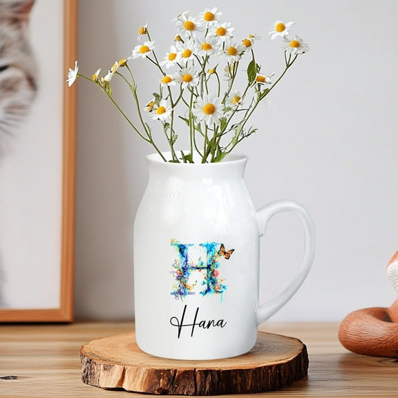 Custom Name Ceramic Jug with Floral Monogram – Personalized Pitcher Vase for Flowers – Artistic Gift for Her, Mom – Rustic Farmhouse Decor for Home, Kitchen, Table or Shelf Accent