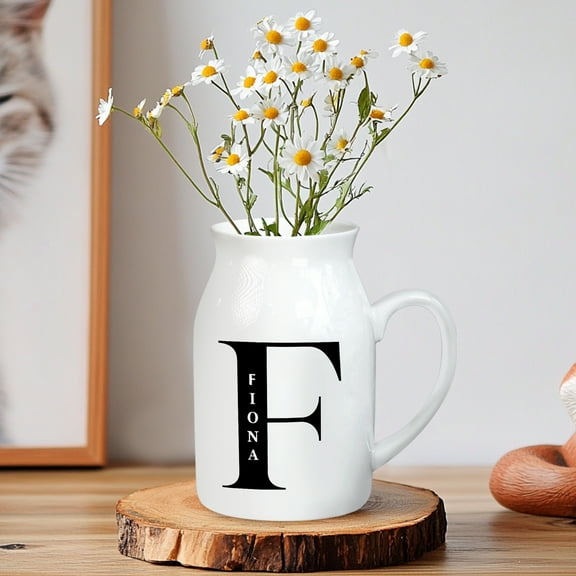 Custom Name Ceramic Jug Vase with Bold Vertical Monogram – Personalized Black Initial Pitcher – Minimalist Rustic Home Decor Gift for Women, Men, Office, Desk, Shelf or Kitchen Table