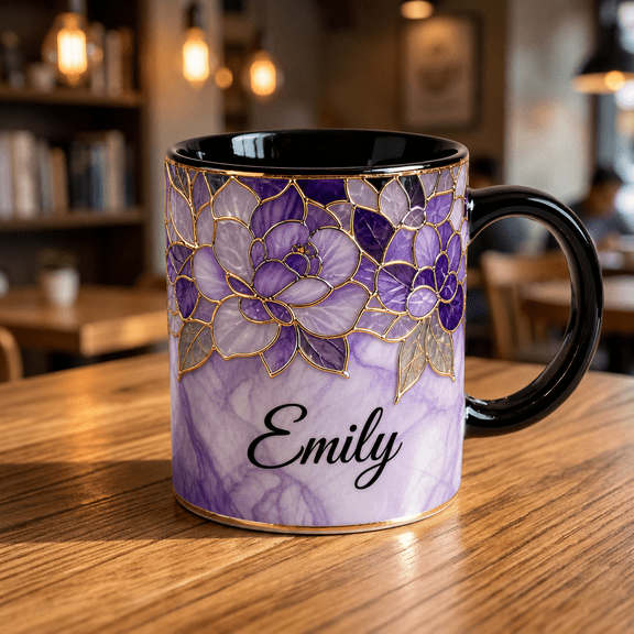 Custom Name Ceramic Mug Purple Marble Floral Stained Glass Gold Line Gift