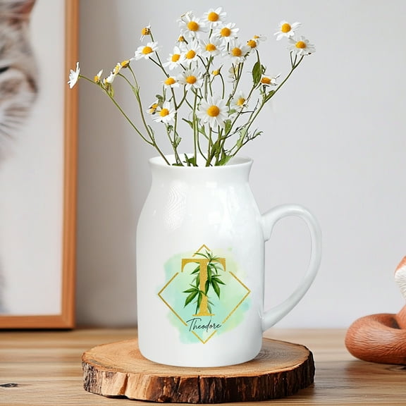 Custom Name Ceramic Pitcher Vase – Personalized Green Botanical Monogram Jug – Elegant White Home Decor or Gift for Him, Her, Housewarming, Birthday, Wedding, Kitchen Accent