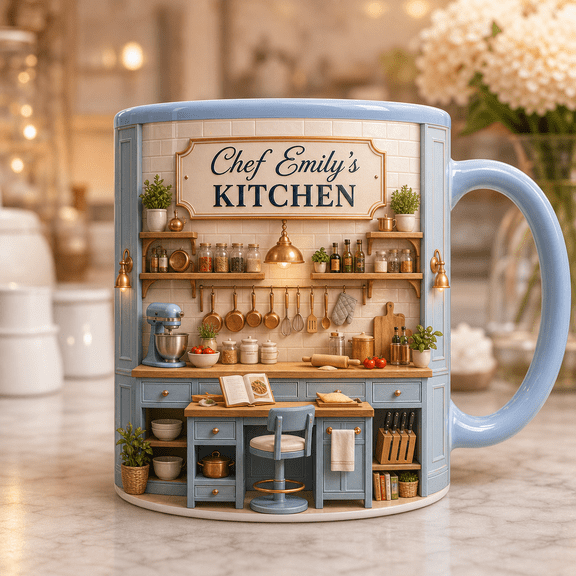 Custom Name Chef Mug 3D Effect Kitchen Workspace Gift for Cooks