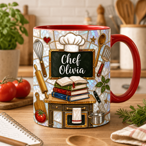 Custom Name Chef Mug 3D Effect Personalized Stained Glass Kitchen Worker Gift
