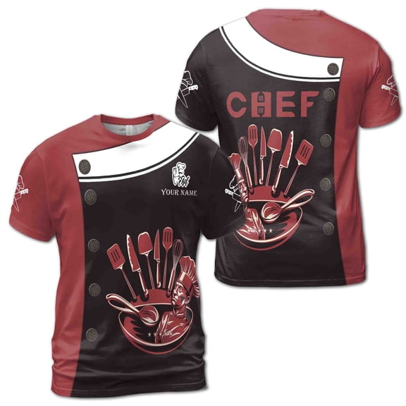 Custom Name Chef Red Brown Chef Illustration Cooking Men's T-Shirt S-5XL