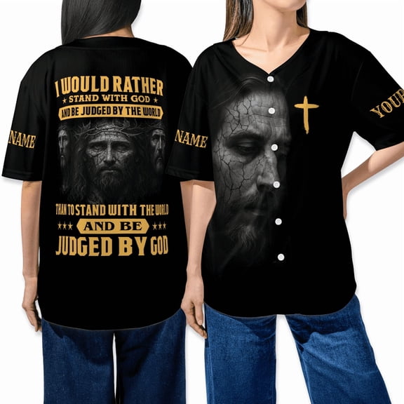 Custom Name Christian Baseball Jersey – 'Stand with God' Bold Faith Shirt with Jesus Graphic & Bible-Inspired Message