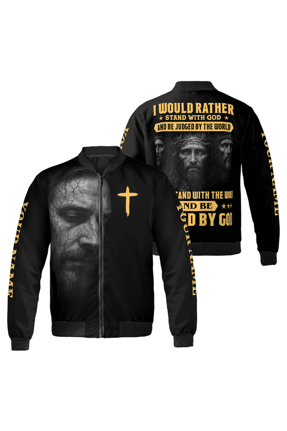 Custom Name Christian Bomber Jacket for Men – “I Would Rather Stand With God” Quote – Jesus Face & Cross Graphic Faith-Based Zip-Up Religious Outerwear