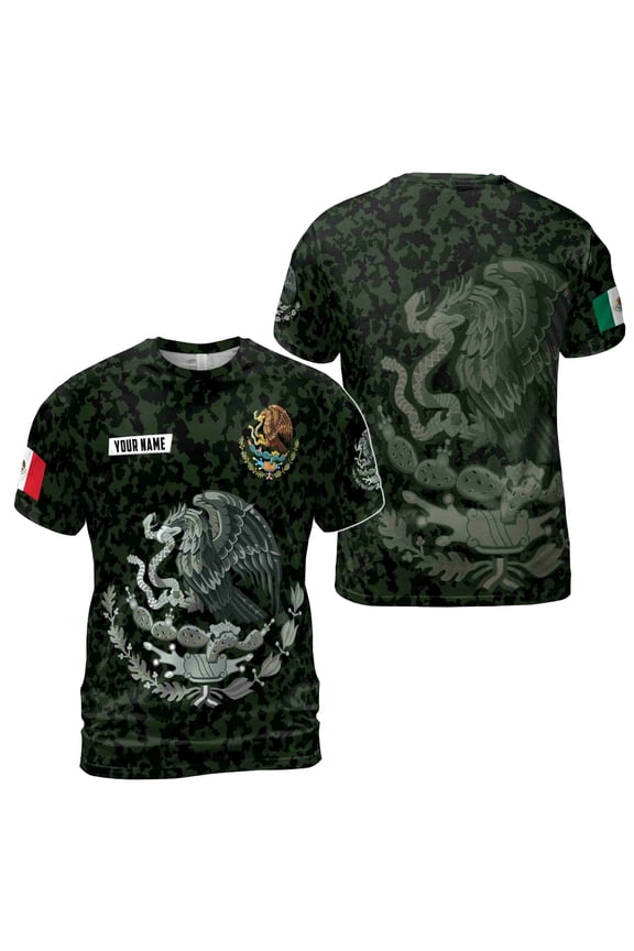 Custom Name Coat Of Arms Camo Mexico Mexican Flag 3D T-Shirt S-5XL