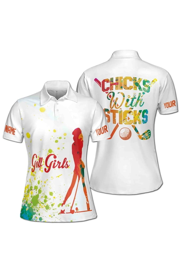 Custom Name Colorful Spatter Chicks With Sticks Women's Polo Shirt S-5XL