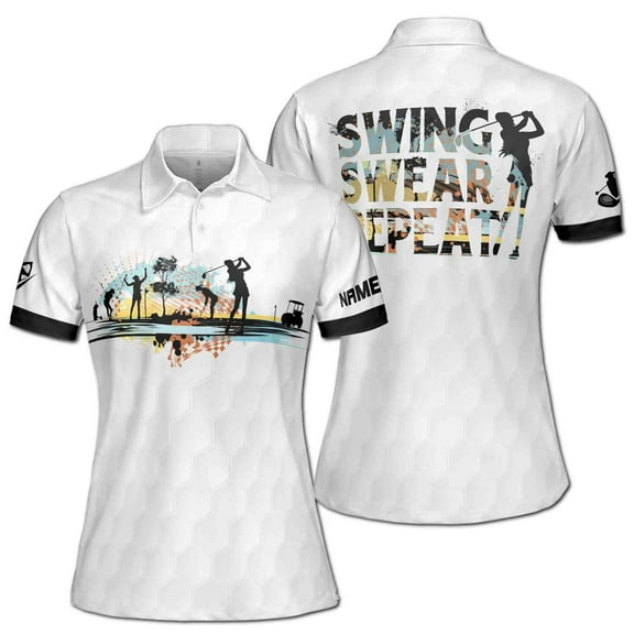 Custom Name Colorful Swing Swear Repeat Golf Women's Polo Shirt S-5XL