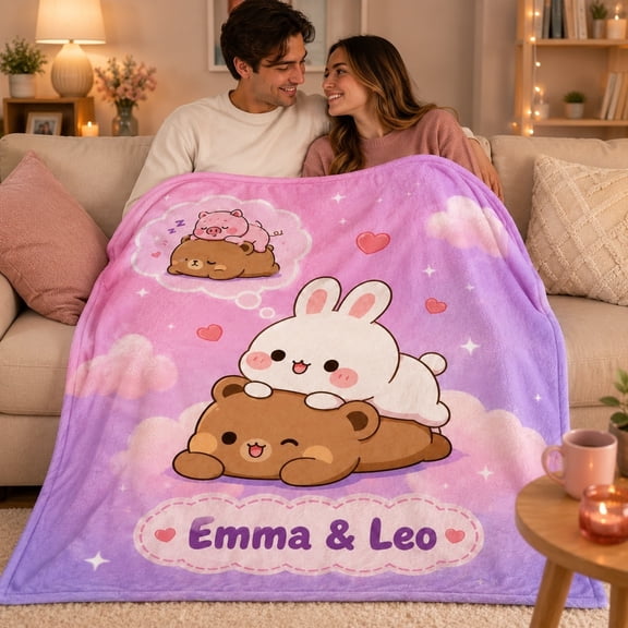 Custom Name Couple Kawaii Bear Bunny Fleece Blanket – Personalized 280GSM Soft Throw, 4 Sizes, Ships from US