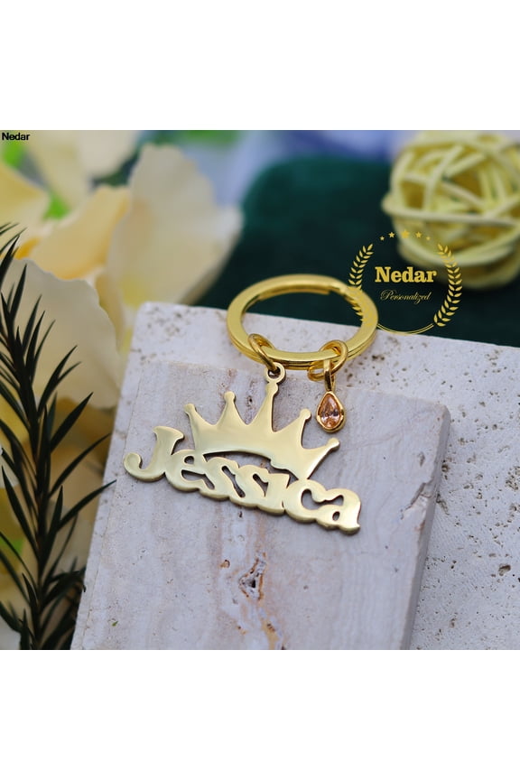 Custom Name Crown Alphabet Keychain Stainless Steel Birthstone Customized Nameplate Keyring for Women Men Birthday Gift