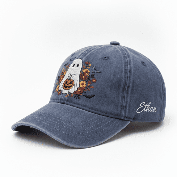 Custom Name Cute Ghost Embroidered Halloween Hat, Personalized Vintage Washed Cotton Baseball Cap, Spooky Fall Dad Hat