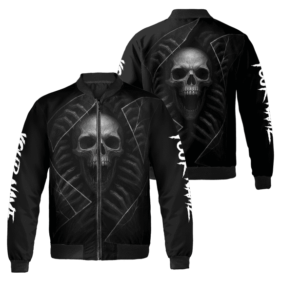 Custom Name Dark Skull Bomber Jacket – Gothic Grim Reaper Skeleton - Horror Halloween Streetwear for Men & Women