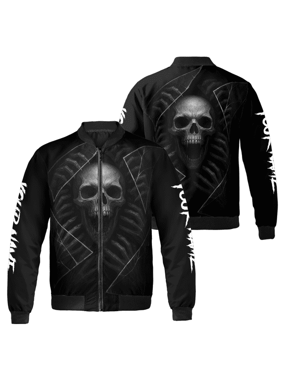 Custom Name Dark Skull Bomber Jacket – Gothic Grim Reaper Skeleton - Horror Halloween Streetwear for Men & Women