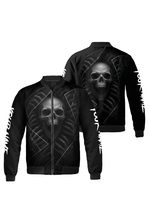 Custom Name Dark Skull Bomber Jacket – Gothic Grim Reaper Skeleton - Horror Halloween Streetwear for Men & Women