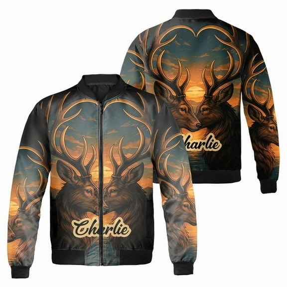 Custom Name Deer Couple Bomber Jacket – Personalized Sunset Hunting Scene Outerwear, Gift for Hunters & Outdoor Lovers Jacket