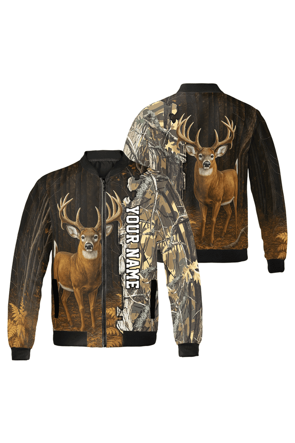 Custom Name Deer Hunting Bomber Jacket - Personalized Camo Design, Hunting Season, Outdoor Wildlife Jacket