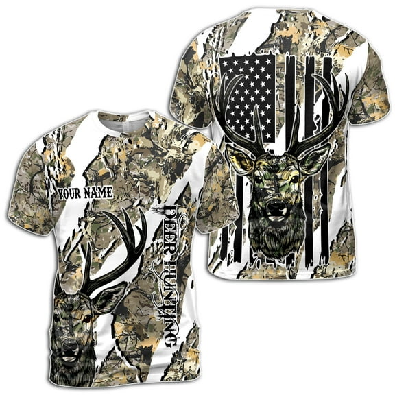 Custom Name Deer Hunting with Camouflage Pattern Men's T-Shirt S-5XL