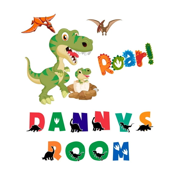 Custom Name Dinosaur themed Wall Art DecorWall Decal Decoration Roar Joyful Cartoon Cartoon Animals Decorating Ideas for Child's Bedroom Size: 9 In(W) x 10 In(H)