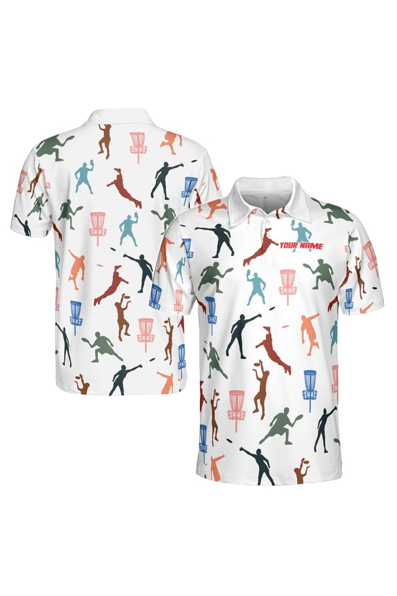 Custom Name Disc Golf Multi Color Silhouette Pattern Men's Polo Shirt S-5XL