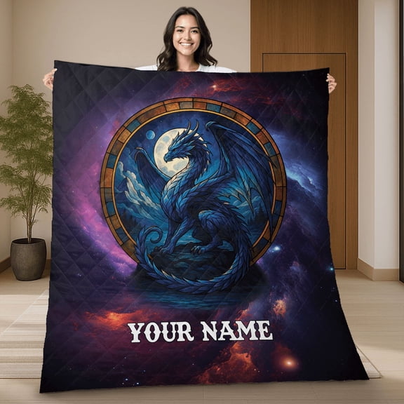 Custom Name Dragon Quilt Blanket - Personalized Fantasy Dragon Lovers Gift Quilt - Animal Starry Night Galaxy Themed Blanket