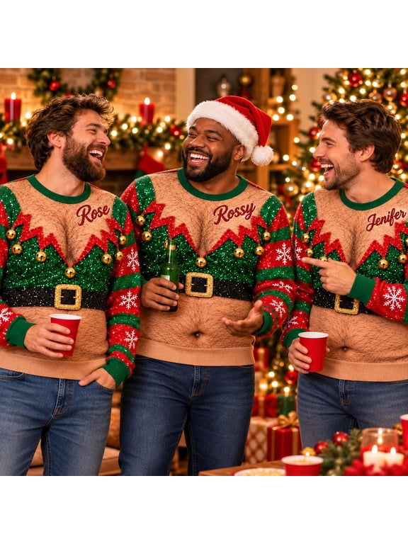 Custom Name Elf Sweatshirt, Personalized Fake Belly Xmas Jumper, Holiday Party Shirts for husband, Funny Hairy Chest Ugly Christmas Sweater