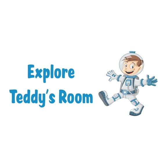 Custom Name Explore Space AdventureWall Decal Decoration Explore Adventurous Space Cartoon Astronaut Decorating Ideas for Boy's Bedroom Size: 20 In(W) x 8 In(H)