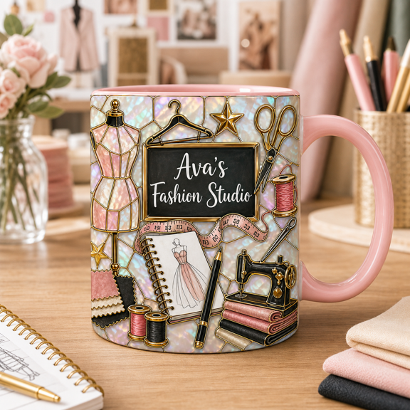 Custom Name Fashion Designer Mug, 3D Effect Mug for Sewing Studio Gifts