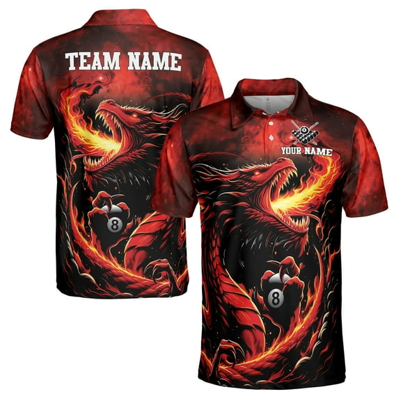 Custom Name Fire Dragon Billiard Passonate Player Men's Polo Shirt S-5XL