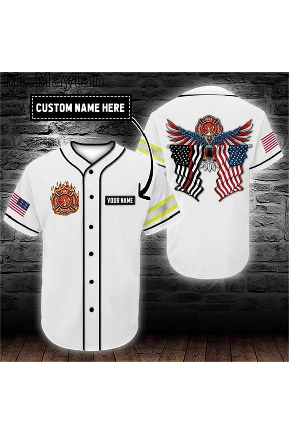 Custom Name Firefighter Eagle Flag White Baseball Tee Jersey Shirt 3D Print Firefighting M