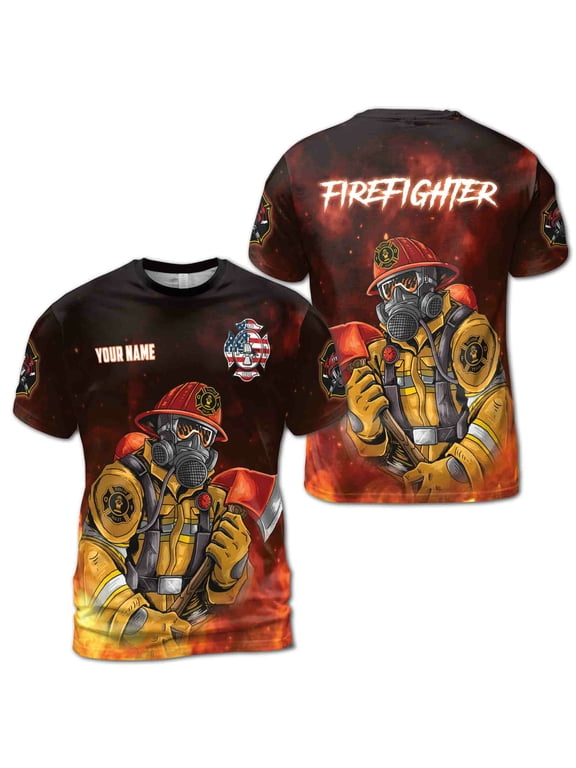 Custom Name Firefighter Fire Dept Flame Men's T-shirt S-5XL