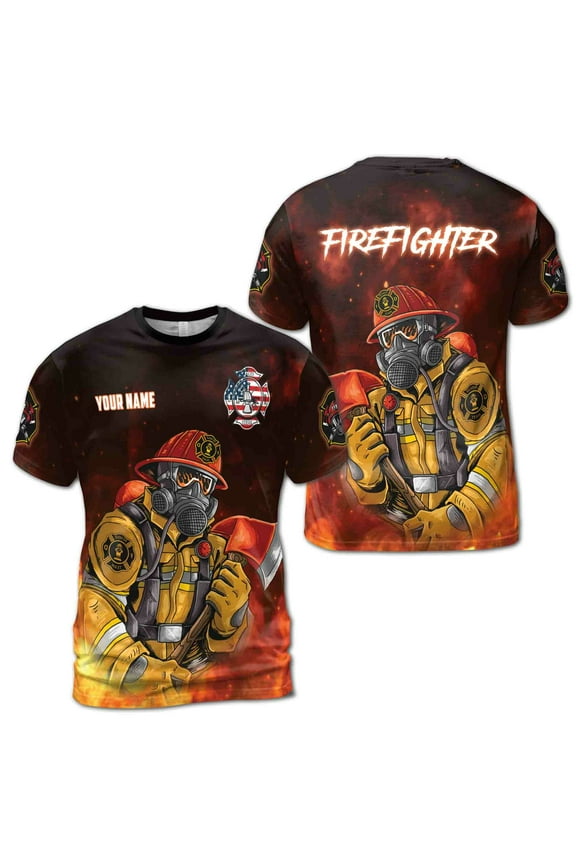 Custom Name Firefighter Fire Dept Flame Men's T-shirt S-5XL