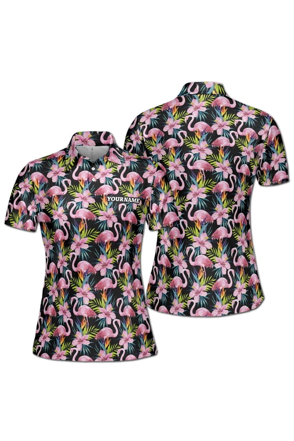Custom Name Flamingo With Tropical Floral Women's Polo Shirt S-5XL