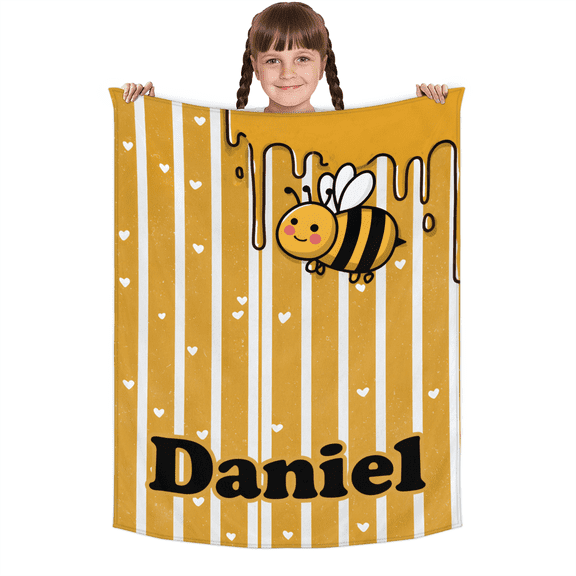 Custom Name Flannel Throw Blanket, Personalized Soft Lightweight Blanket with Name for Sofa,50*60in,Bee Pattern