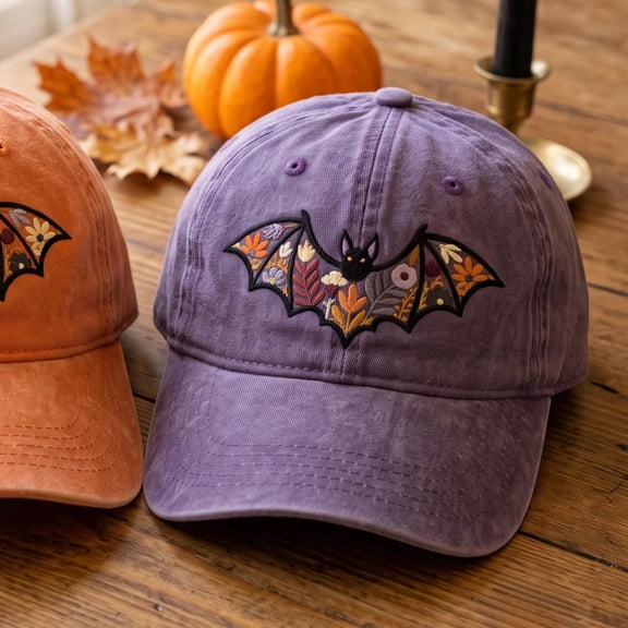 Custom Name Floral Bat Embroidered Hat, Personalized Spooky Halloween Cap, Witchy Pigment Dyed Baseball Hat
