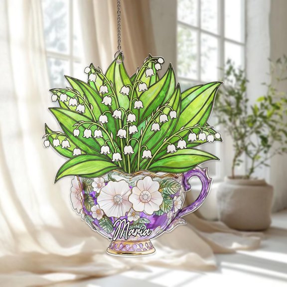 Custom Name Floral Teacup Lily of the Valley Acrylic Suncatcher Window Hanging