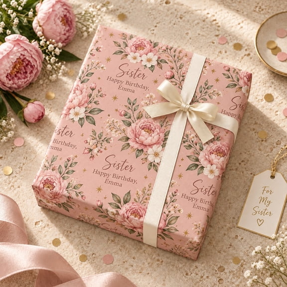 Custom Name Floral Wrapping Paper for Sister Birthday Gifts