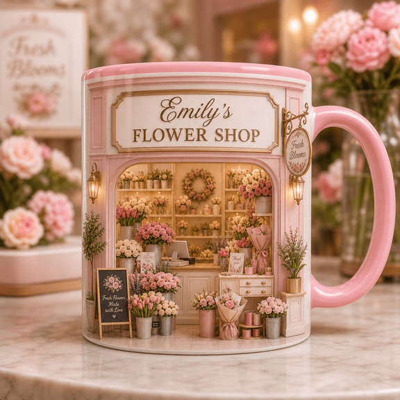 Custom Name Florist Mug, Personalized 3D Effect Flower Shop Mug Gift