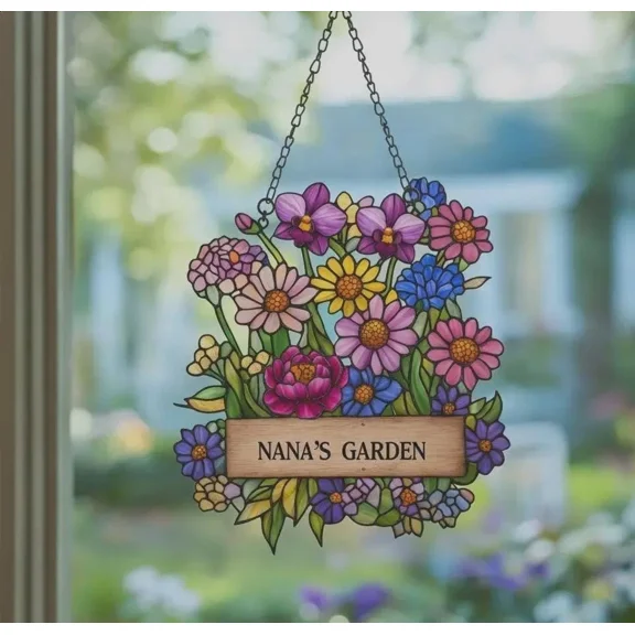Custom Name Flower Garden Acrylic Suncatcher Window Hanging Mother's Home Decor