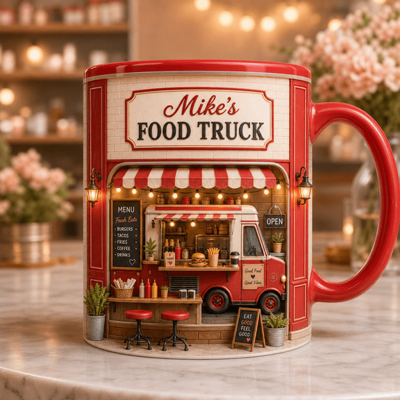 Custom Name Food Truck Owner 3D Effect Mug, Personalized Shop Gift