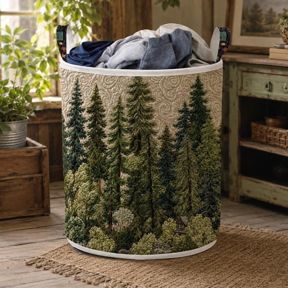 Custom Name Forest Quilted Laundry Basket, Personalized Fabric Storage Basket, Woodland Flower Hamper, Nature Organizer, Cottagecore Decor