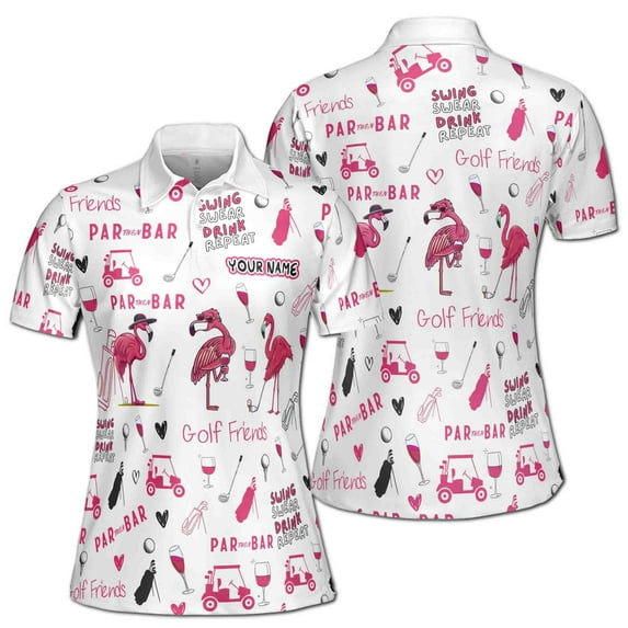 Custom Name Funny Flamingo Plays Golf Par Then Bar Women's Polo S-5XL