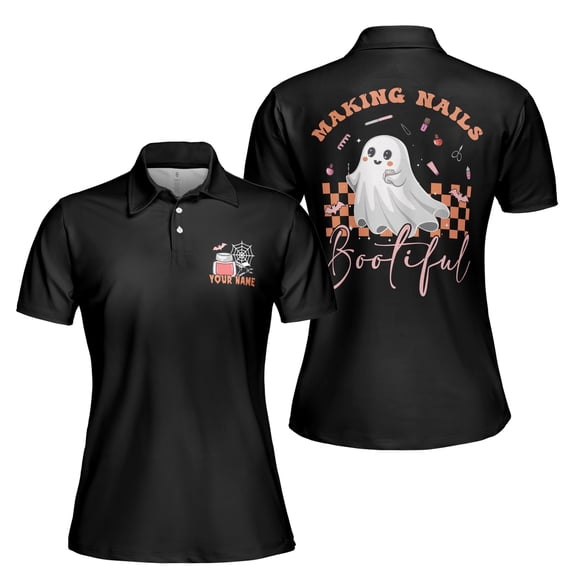 Custom Name Funny Ghost Likes Making Nails Bootiful Women's Polo Shirt S-5XL