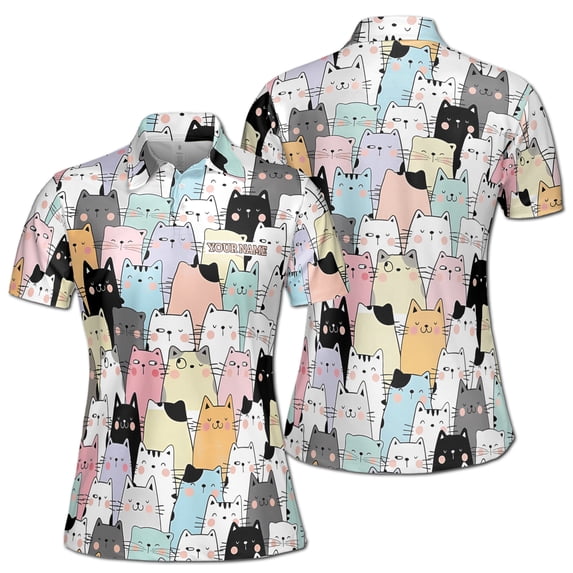 Custom Name Funny Meow Lover Cute Cats Women's Polo Shirt S-5XL