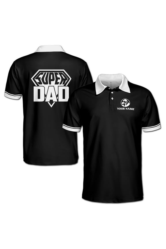 Custom Name Funny Super Dad Black Black White Men's Polo Shirt S-5XL
