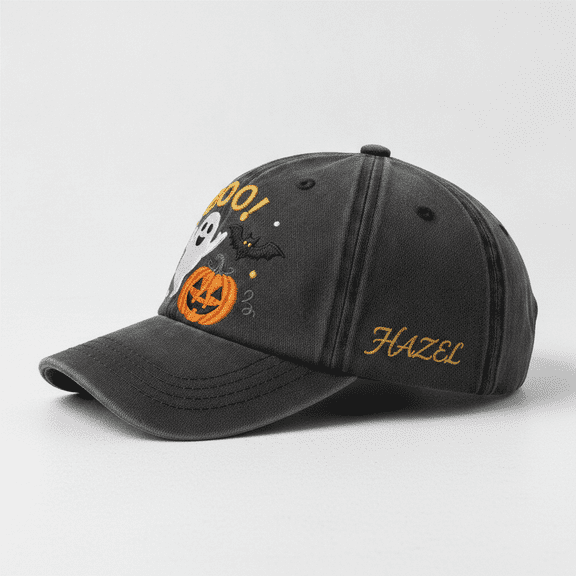 Custom Name Ghost Pumpkin Bat Embroidered Dad Hat, Personalized Spooky Halloween Baseball Cap