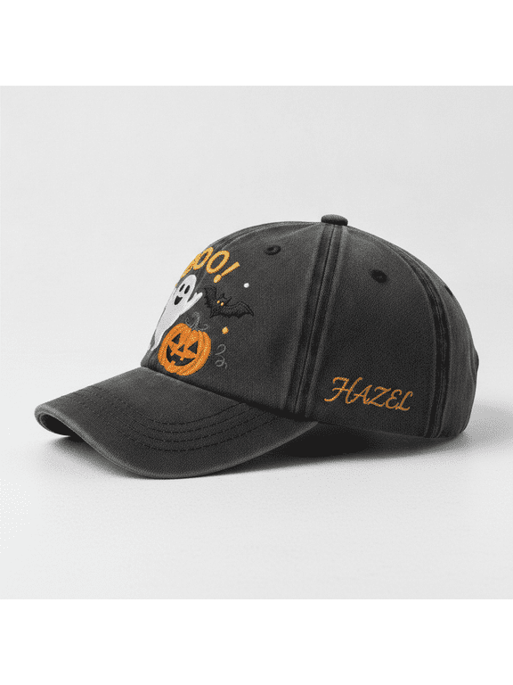 Custom Name Ghost Pumpkin Bat Embroidered Dad Hat, Personalized Spooky Halloween Baseball Cap
