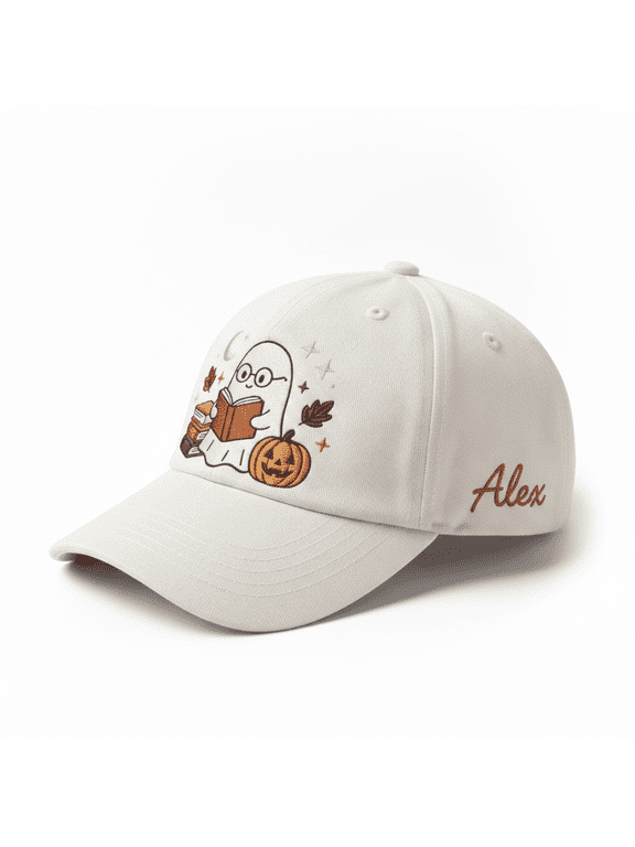 Custom Name Ghost Reading Book Embroidered Washed Hat, Personalized Cozy Fall Bookish Baseball Cap, Halloween Reader Gift